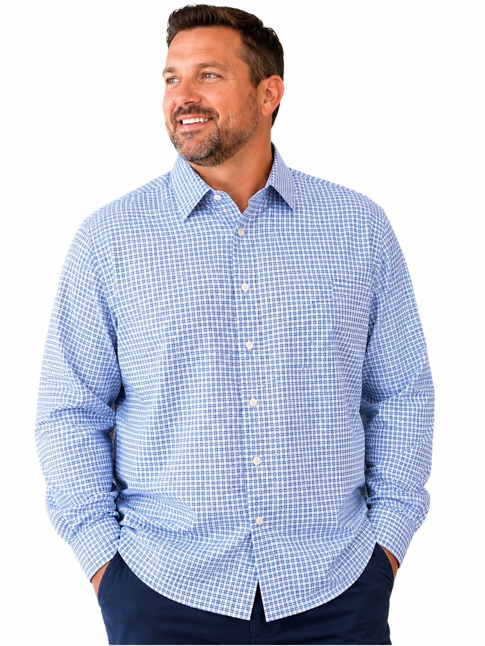 Rochester Men's Blue Micro-Check Long-Sleeve Dress Shirt